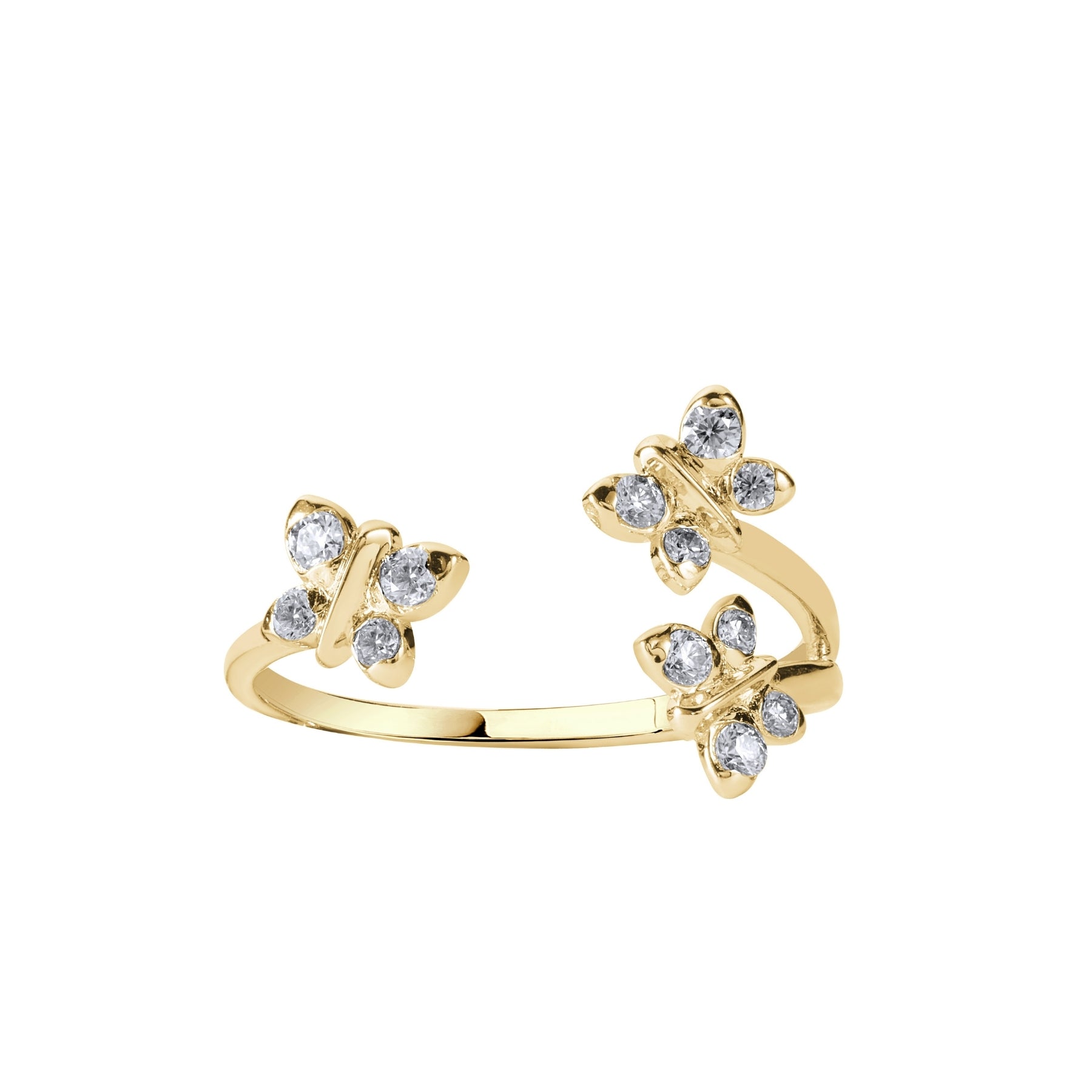Gold ring with butterfly designs and clear stones on a white background. 14K gold-plated sterling silver trio butterfly ring by BLOOMTINE. This best-selling dainty ring features 12 brilliant-cut sustainable moissanites and a tarnish-resistant gold vermeil finish. An ethical, handcrafted jewelry gift for graduations and life transitions