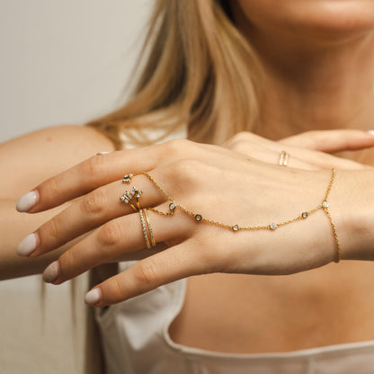 Enchanting Flutterfly™ Gold Vermeil Trio Butterfly Ring image 4. The BLOOMTINE Trio Butterfly Ring in 14K Gold Vermeil. Featuring three delicate butterflies hand-set with 12 scintillating lab-grown moissanites, this symbolic ring represents triple the grace and resilience, finished with a rich auric glow for the extraordinary human. The Perfect Gift Stack to Gift a loved one