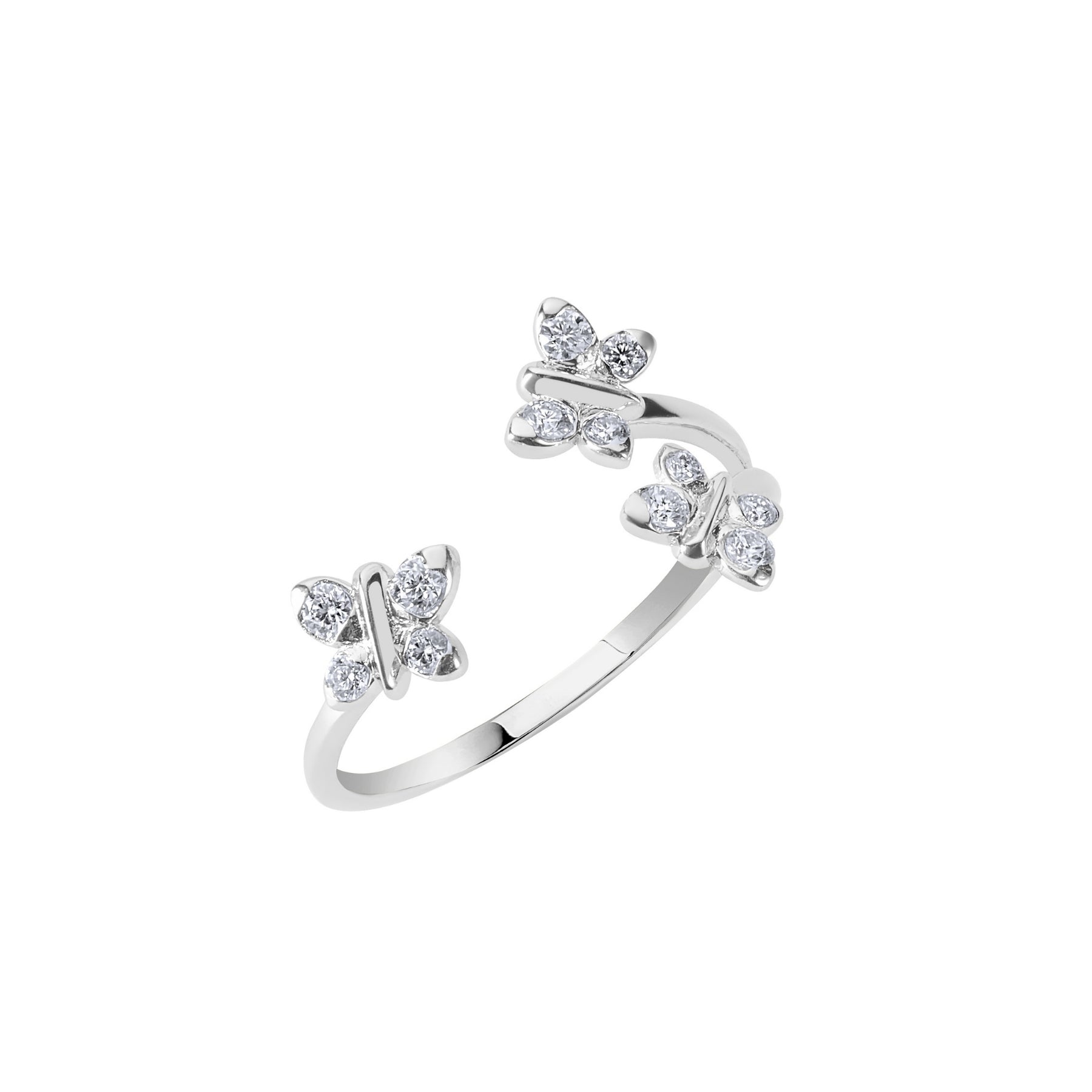 Silver ring with butterfly designs on a white background. Bloomtine-Enchanting-Flutterfly-butterfly-ring. A professional-hero-shot of a 925-sterling-silver-ring featuring a dainty-butterfly-motif set with four-brilliant-cut-moissanite-gemstones. Displayed-on-a-clean-white-background, the-image highlights the-high-polish-finish and the-sustainable-sparkle of the lab-grown-stones. A-meaningful-symbol of transformation and growth, this-exclusive-Bloomtine-design is the-perfect-gift for birthdays or new-beginni