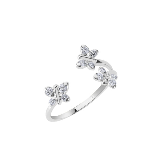 Silver ring with butterfly designs on a white background. Bloomtine-Enchanting-Flutterfly-butterfly-ring. A professional-hero-shot of a 925-sterling-silver-ring featuring a dainty-butterfly-motif set with four-brilliant-cut-moissanite-gemstones. Displayed-on-a-clean-white-background, the-image highlights the-high-polish-finish and the-sustainable-sparkle of the lab-grown-stones. A-meaningful-symbol of transformation and growth, this-exclusive-Bloomtine-design is the-perfect-gift for birthdays or new-beginni