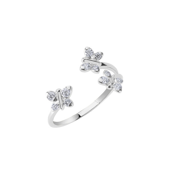 Silver ring with butterfly designs on a white background. Bloomtine-Enchanting-Flutterfly-butterfly-ring. A professional-hero-shot of a 925-sterling-silver-ring featuring a dainty-butterfly-motif set with four-brilliant-cut-moissanite-gemstones. Displayed-on-a-clean-white-background, the-image highlights the-high-polish-finish and the-sustainable-sparkle of the lab-grown-stones. A-meaningful-symbol of transformation and growth, this-exclusive-Bloomtine-design is the-perfect-gift for birthdays or new-beginni