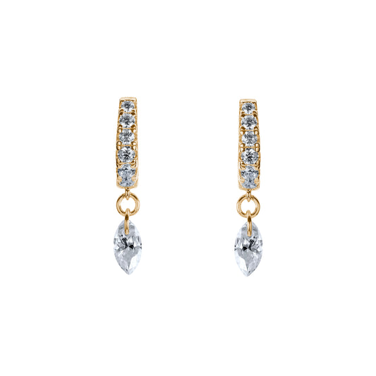 Illuminess™ Gold Vermeil Floating Moissanite Huggies image 0. Bloomtine-Illuminess-gold-vermeil-floating-huggies. A professional-hero-shot of dainty-14K-gold-vermeil-hoop-earrings featuring French-pavé-set-moissanite-stones on a-white-background. These-sophisticated-hoops highlight the-floating-gemstone-effect and rich-sun-kissed-glow of the-Bloomtine-signature-collection, perfect-as-a-luxury-staple for everyday-elegance