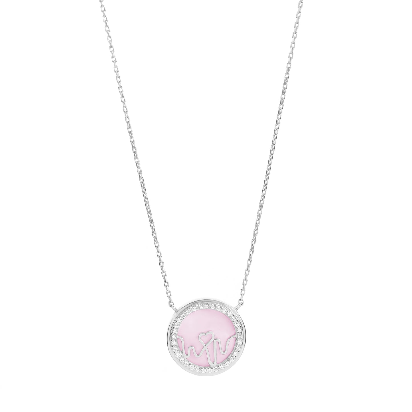 Bloomtine-Loves-Frequency-sterling-silver-heartbeat-locket. A detailed-close-up-view of a 925-sterling-silver-heart-locket featuring-multiple-shimmering-gemstones along the-heartbeat-rhythm-path. This-sentimental-pendant is displayed-on-a-clean-white-background, showcasing the-high-polish-finish and intricate-stone-setting. As-part-of-the-Loves-Frequency-collection, this-multi-gemstone-locket represents-a-meaningful-gift-for-her, combining-luxury-materials with a-unique-symbolic-design