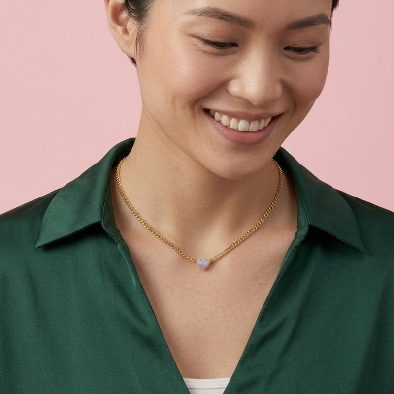 Collection of hypoallergenic 14k gold plated necklaces and rings made from surgical-grade stainless steel. Pink Opal, Blue Opal